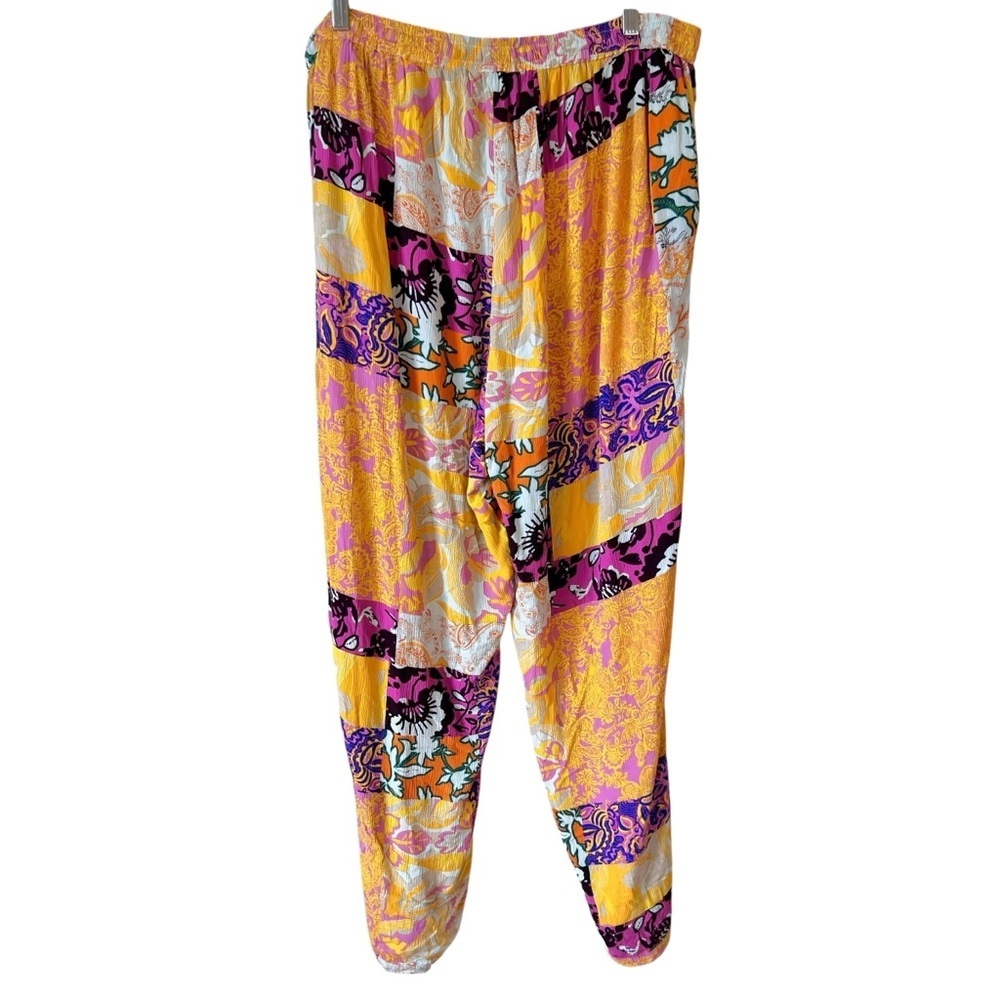 Ulla Popken Patchwork Print Elastic Waist Wide Leg Rose Fit Crepe Pants